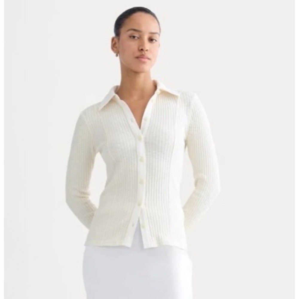 Everlane Women's Ivory Ribbed V‑Neck Button Top Organic Cotton Viscose Small